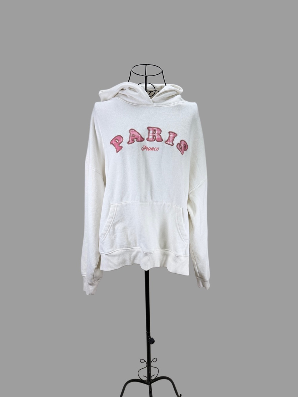 White Hoodie Sweater with Pink "PARIS" Embroidery
